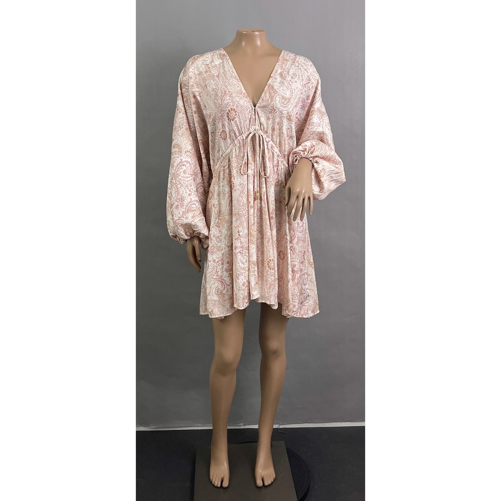 Free People Dress Women XS Arzel Mini Ivory Paisley Print Kimono Pleated Satin - Picture 6 of 15